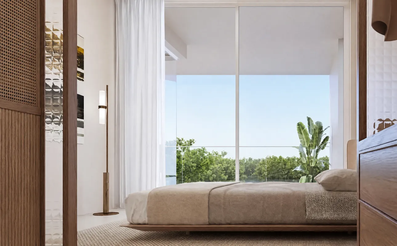 Modern bedroom with floor-to-ceiling windows at Creekside Residence, Al Zorah