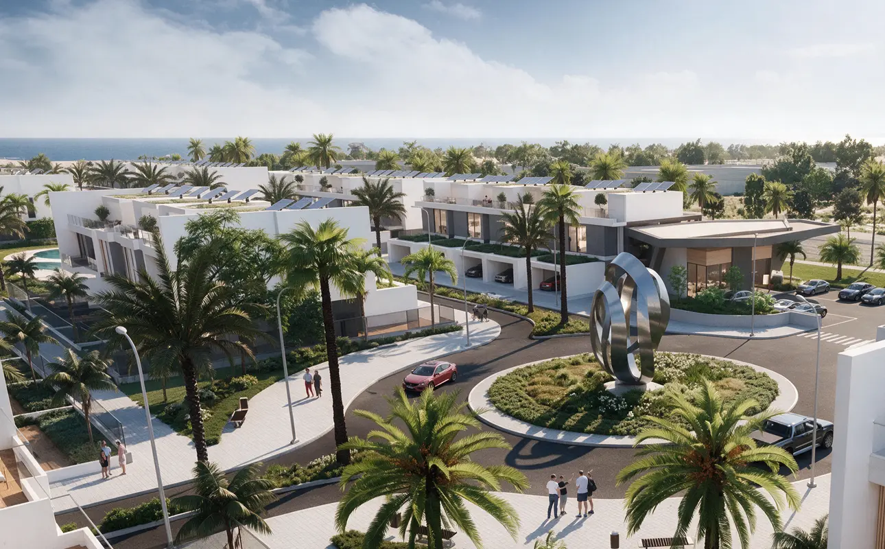 Entrance and landscaped townhouses at Aila Homes in Al Hamra Village