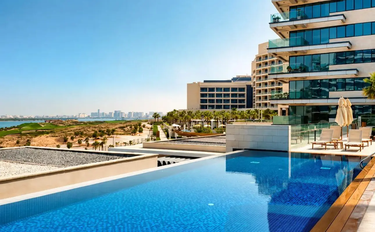Swimming pool and waterfront view at Mayan 1 on Yas Island