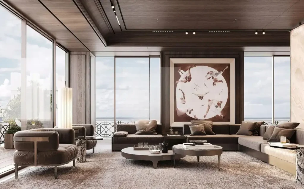 Ultra-luxury penthouse living room with panoramic windows at Waldorf Astoria Residences
